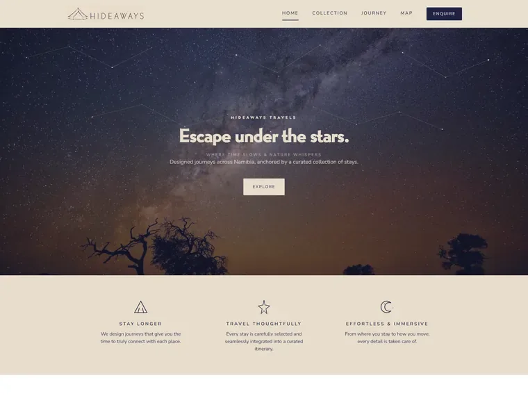 Hideaways website, home page